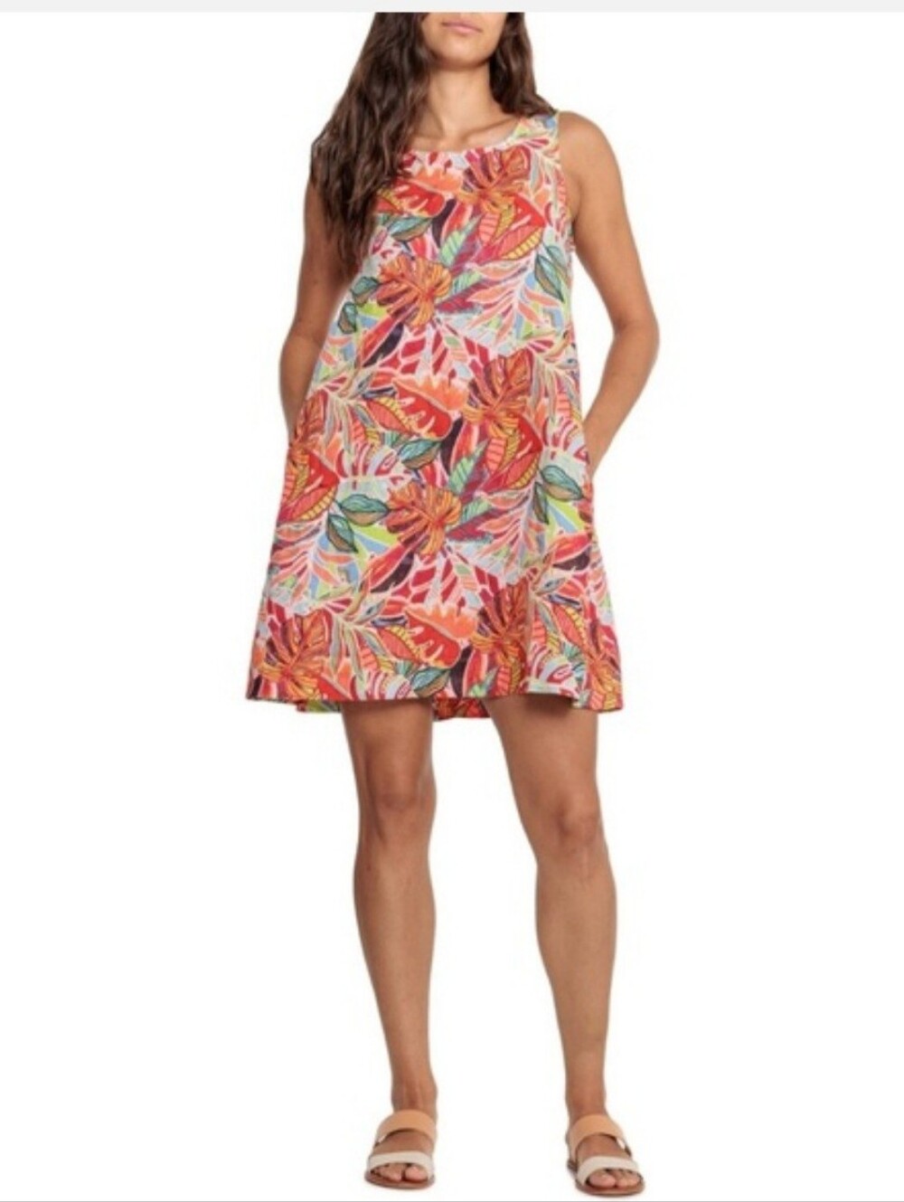 C&C California Tropical Leaf Colorful Linen Shift Dress Medium Coastal Pockets